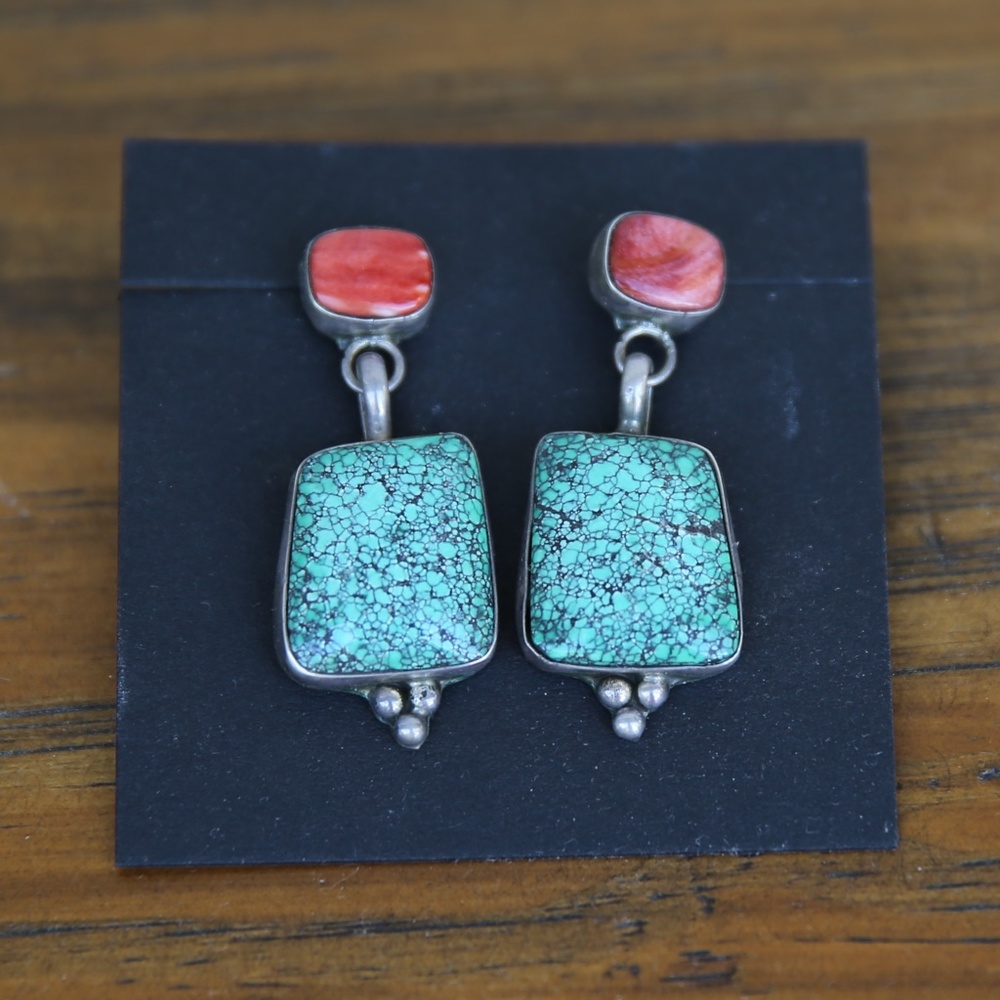 Navajo Turquoise Coral Sterling Earrings
